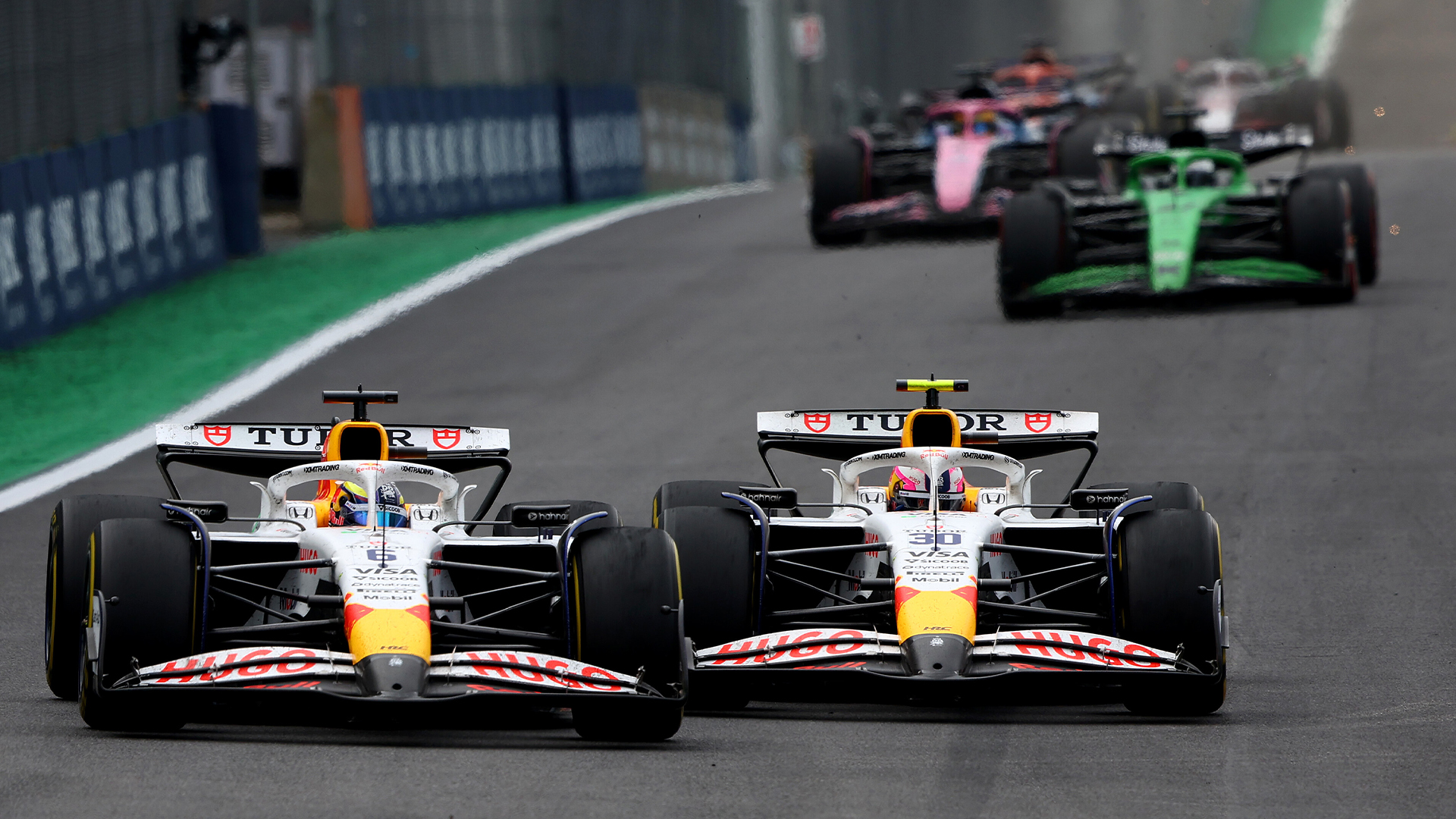 Isack Hadjar of France driving the (6) Visa Cash App Racing Bulls VCARB 02 leads Liam Lawson of New Zealand driving the (30) Visa Cash App Racing Bulls VCARB 02 on track during the F1 Grand Prix of Brazil at Autodromo Jose Carlos Pace on November 09, 2025 in Sao Paulo, Brazil. (Photo by Andy Hone/LAT Images)