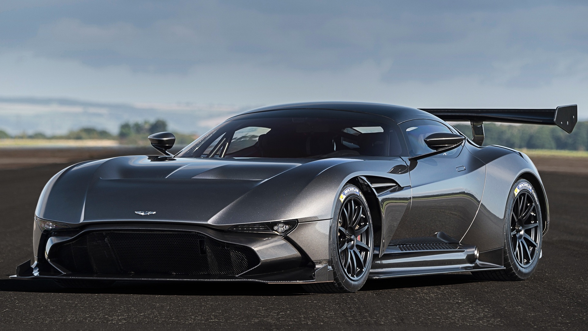 Front three quarters of a grey Aston Martin Vulcan