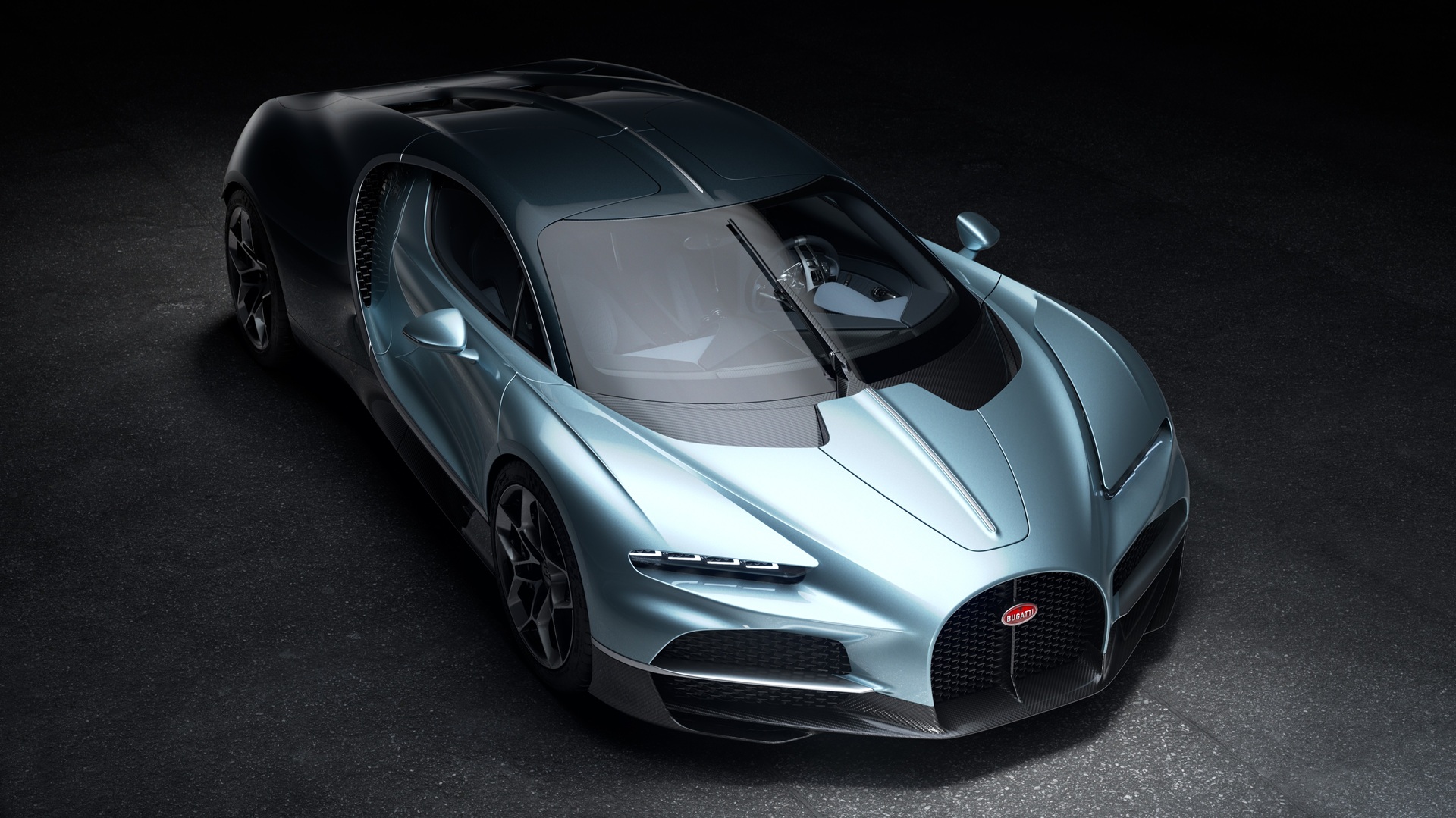 Front-top close-up of the Bugatti Tourbillon in the iconic duotone paint scheme