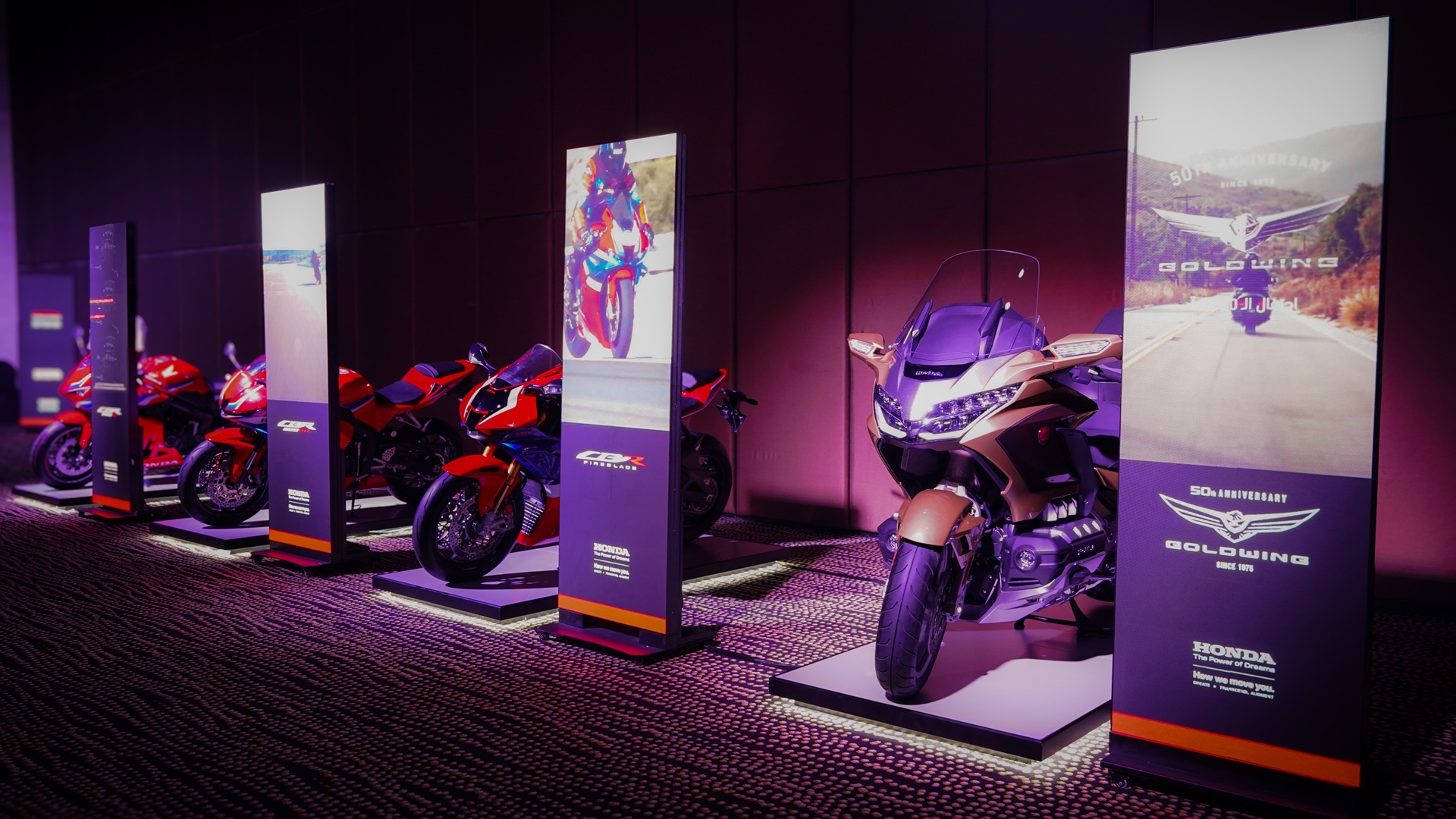 Honda motorcycles on display indoors during the 'Everything Honda' event at Sofitel The Palm in Dubai