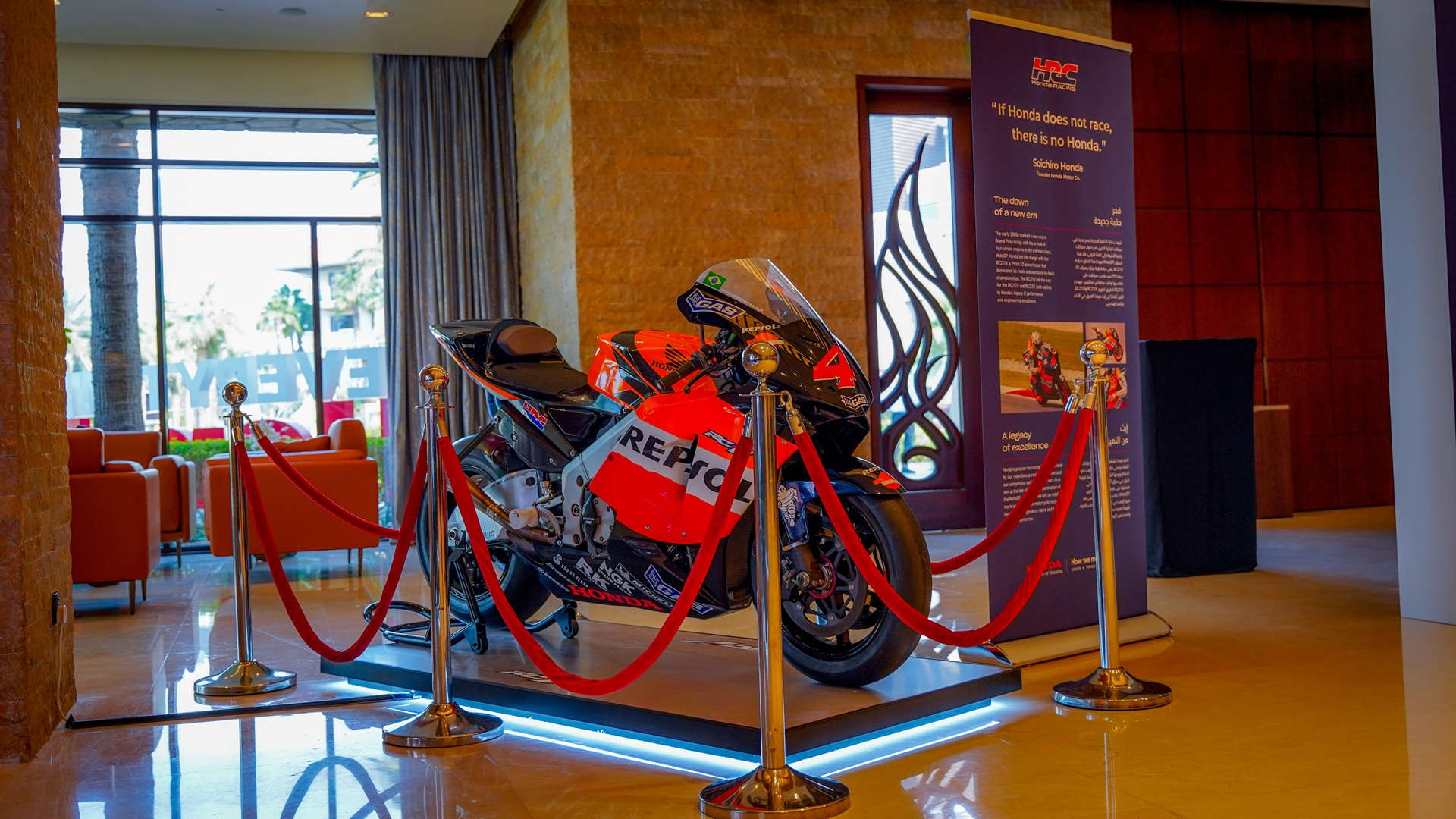 Honda motorcycle on display indoors during the 'Everything Honda' event at Sofitel The Palm in Dubai