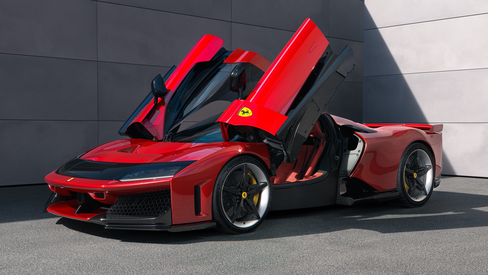 Close-up of the Ferrari F80 in Rosso Corsa red with its butterfly doors open