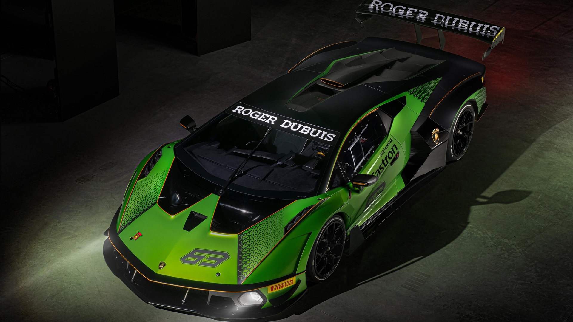 Static shot covering the front-top section of a green-black Lamborghini Essenza SCV12
