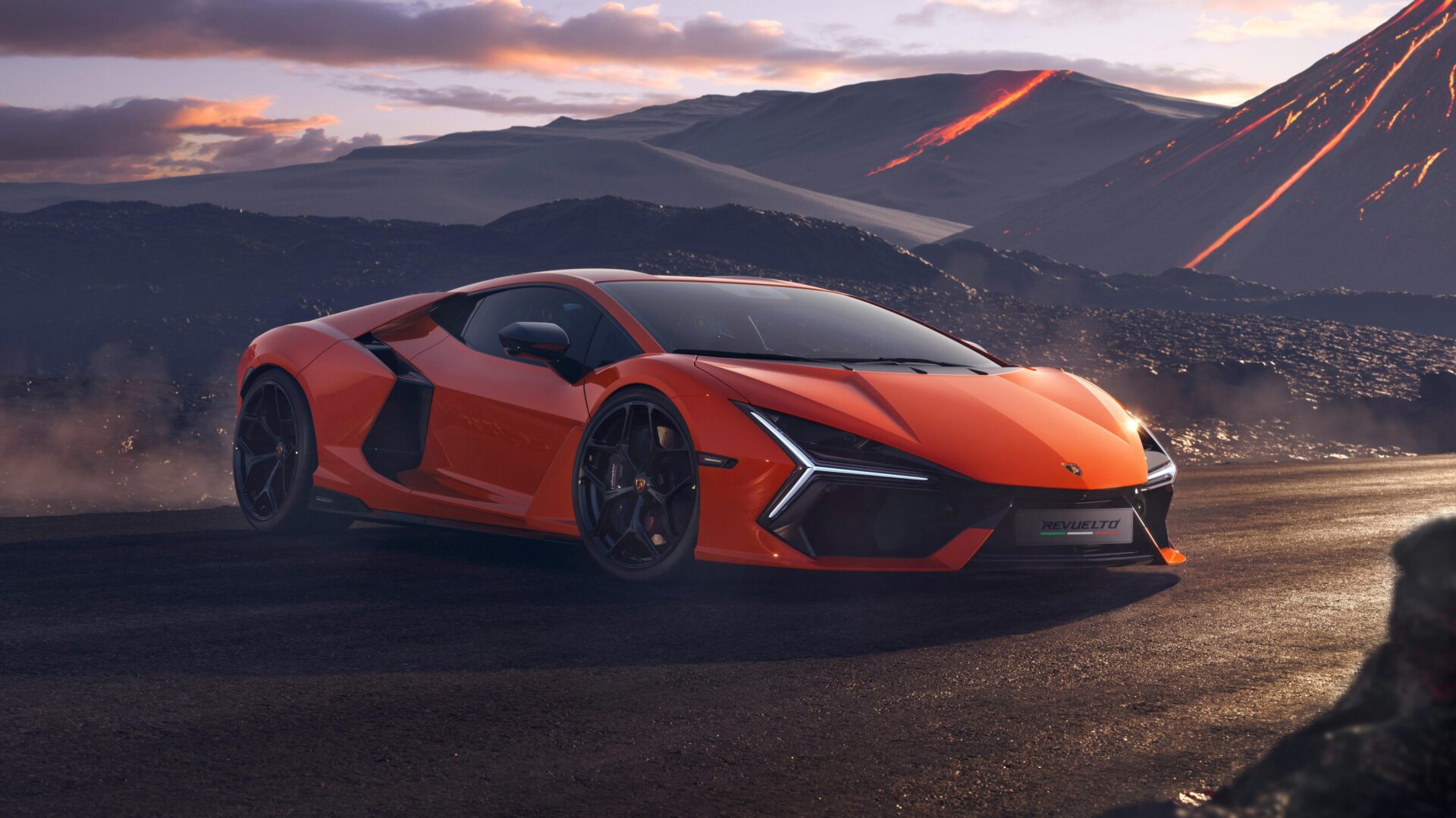 Lamborghini Revuelto, posing in its Arancio Borealis shade.