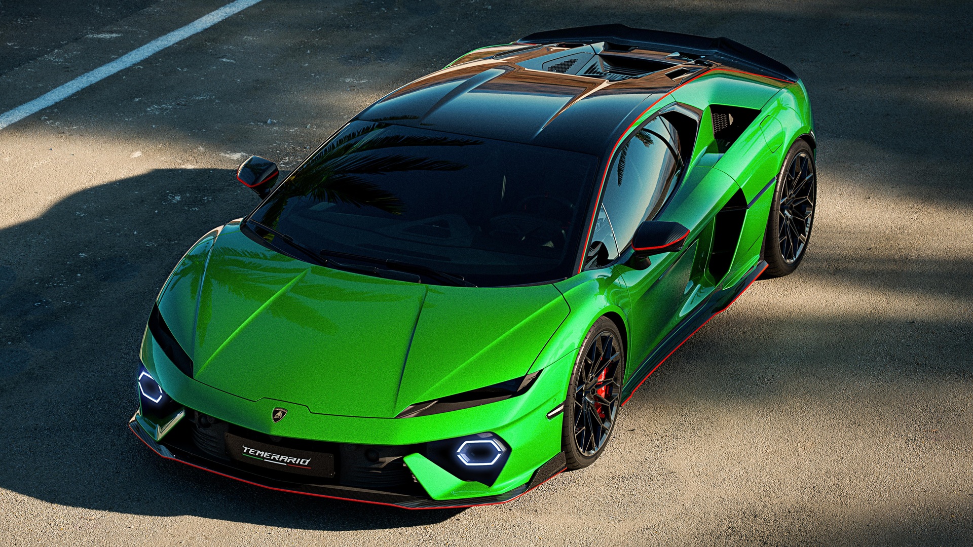 Front-top static shot of the Lamborghini Temerario in Verde Mercurius