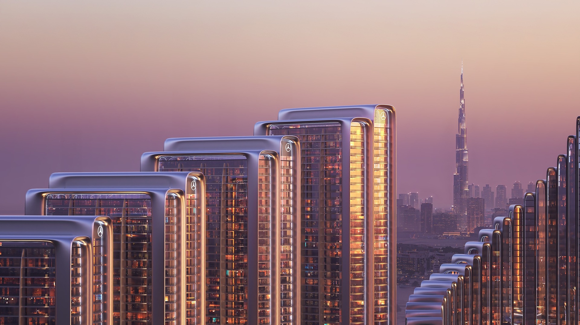 Digital close-up of the stunning expanse of Mercedes-Benz Places | Binghatti City, with the Burj Khalifa in the backdrop.