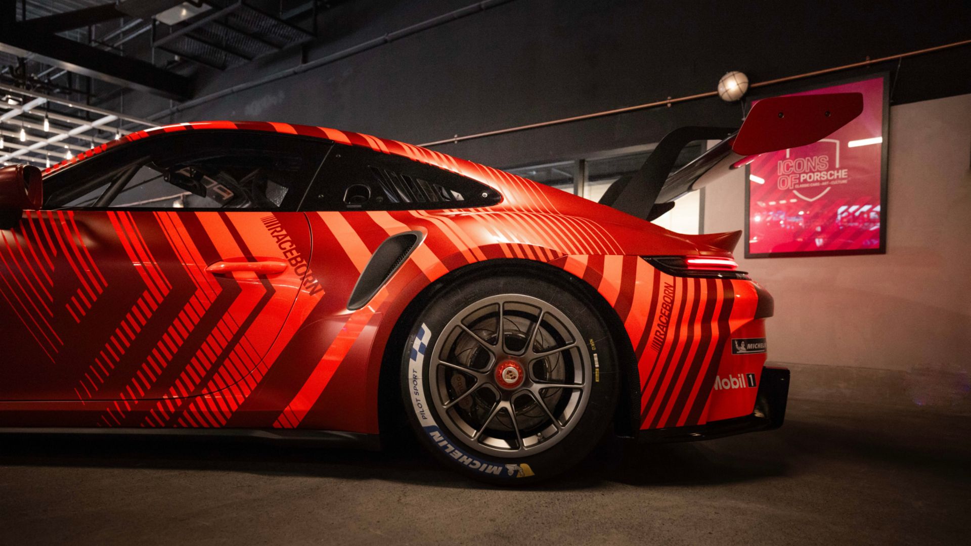 Close-up of the rear left wheel of the new Porsche 911 Cup