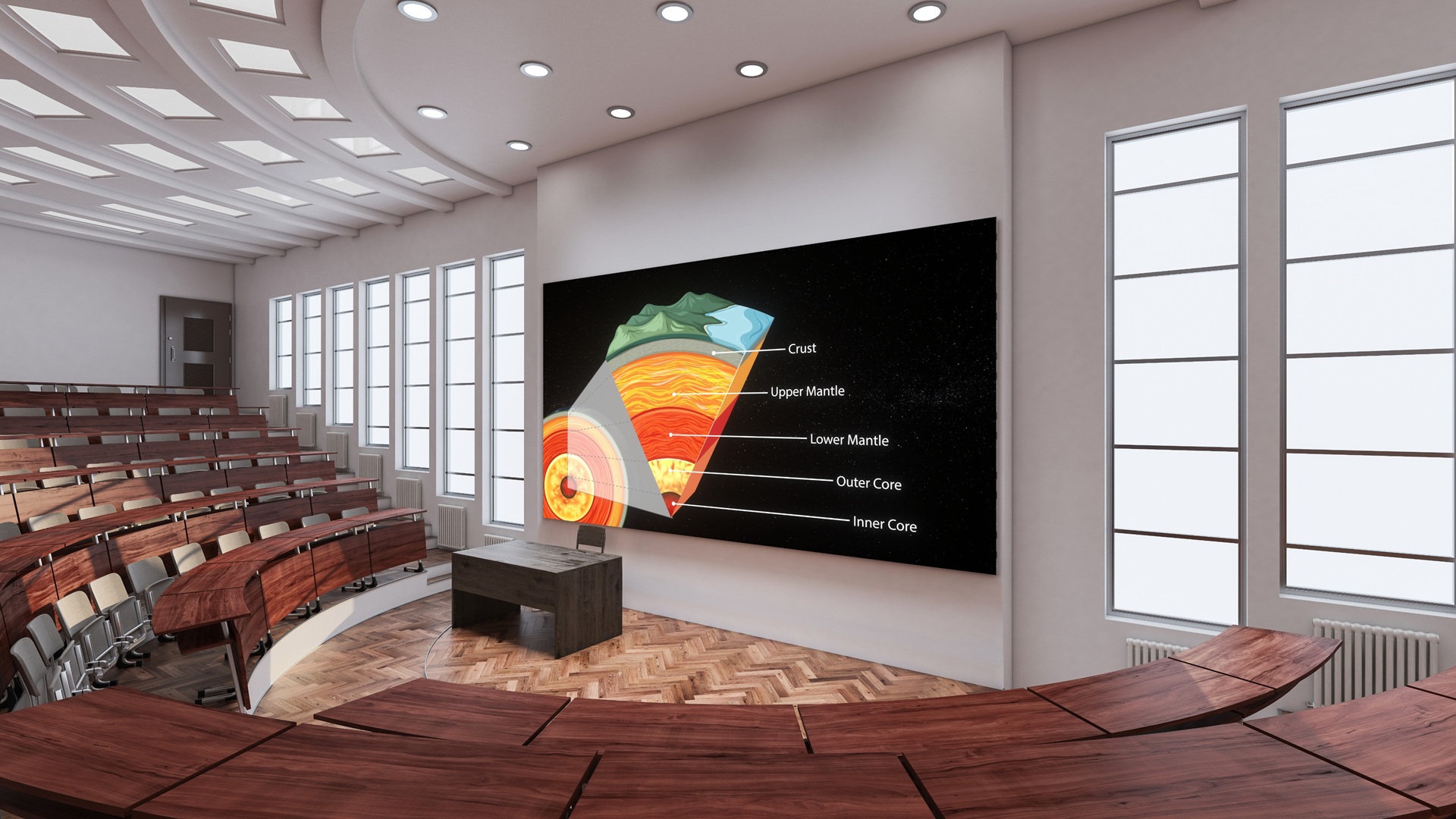 The new Sony Crystal LED S Series display is shown in a lecture room.