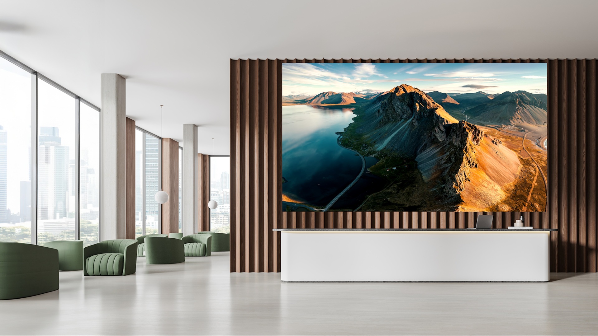 The new Sony Crystal LED S Series display is displayed in a lobby waiting area.