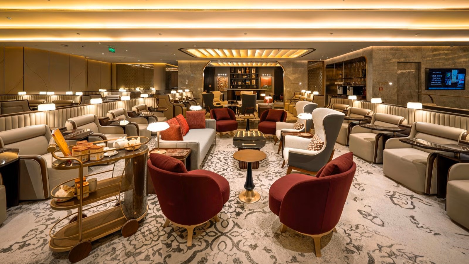 Wide view of the Business Class Main Lounge inside The Maharaja Lounge at Delhi Airport