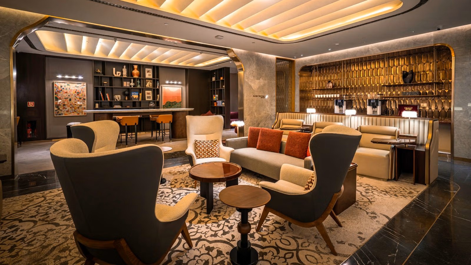 Wide view of the Business Class Globetrotter’s Study inside The Maharaja Lounge at Delhi Airport