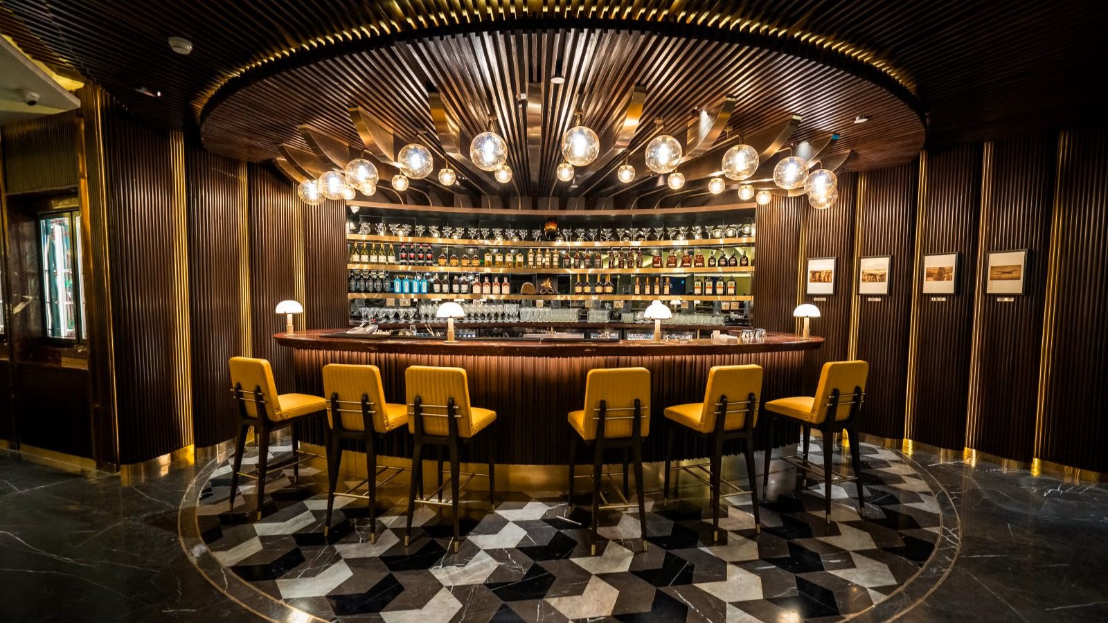 Wide shot of the Aviator's Bar at The Maharaja Lounge, Delhi Airport