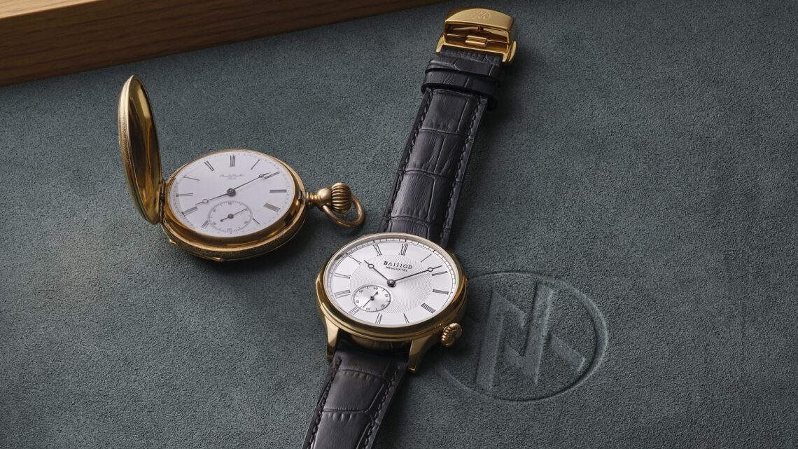 BA111OD Chapter 8 Baillod Family Legacy Special Edition Soft Gold PVD version next to the Baillod family's late 19th century pocket watch.