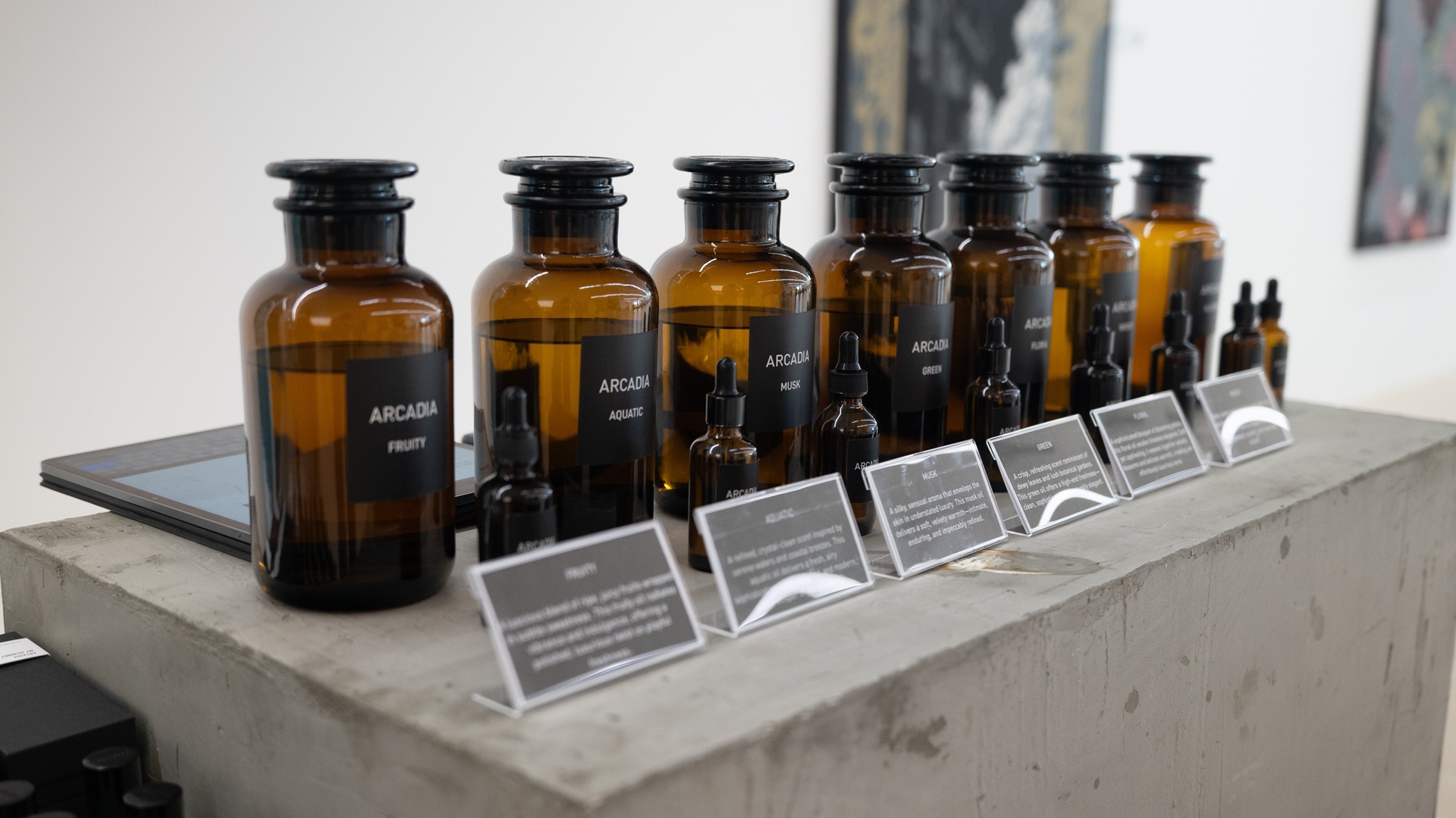 A range of perfumes was displayed by Arcadia during the Essence in Motion exhibition, held at Bentley Emirates' Dubai showroom.