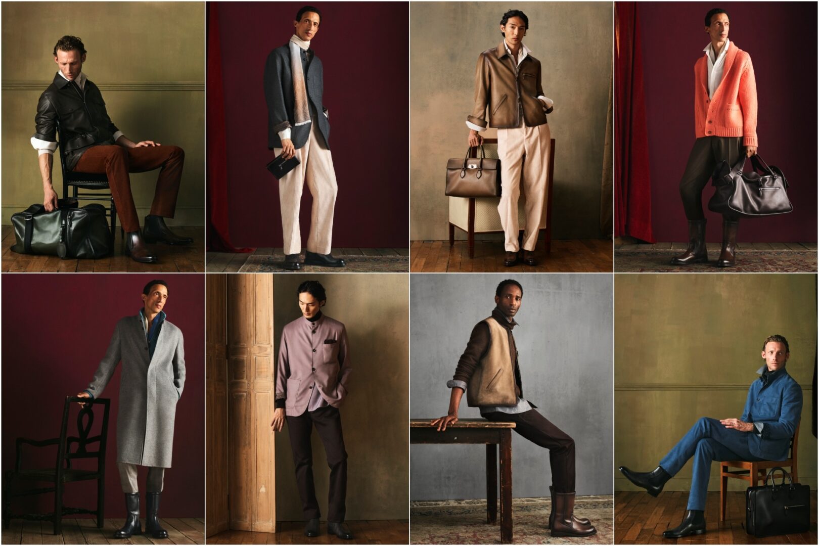 A collage of eight images, with models showcasing various pieces from the Berluti Fall-Winter 2026 Collection.