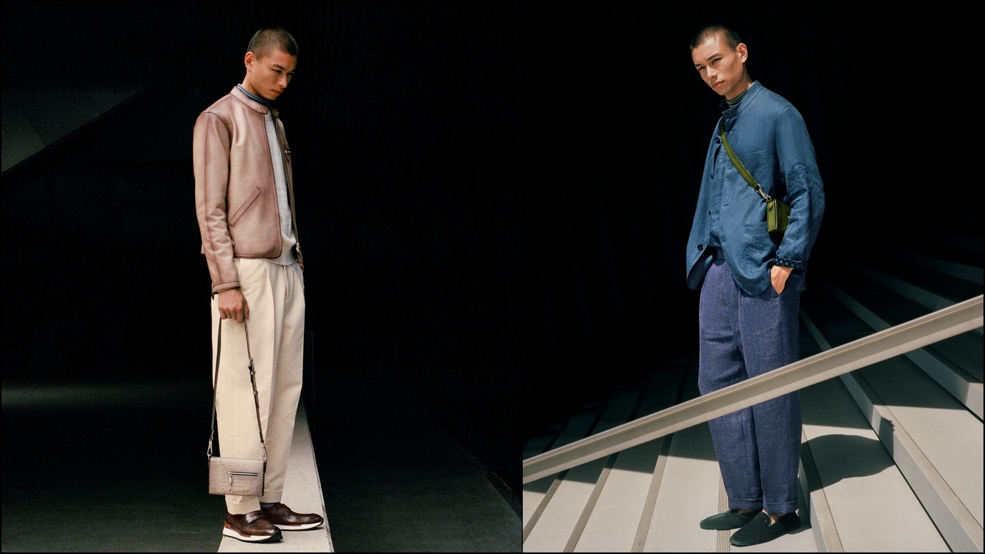 Collage of models with Berluti Un Jour de Poche bag