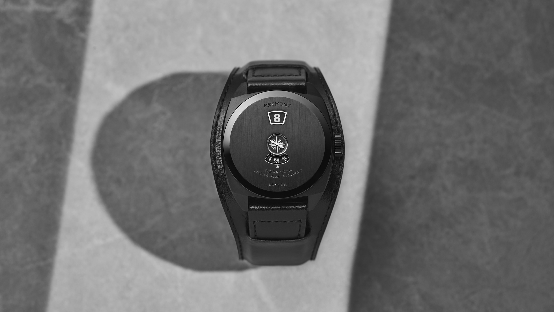 Bremont Terra Nova 38 Jumping Hour Stealth Black with leather bund strap.