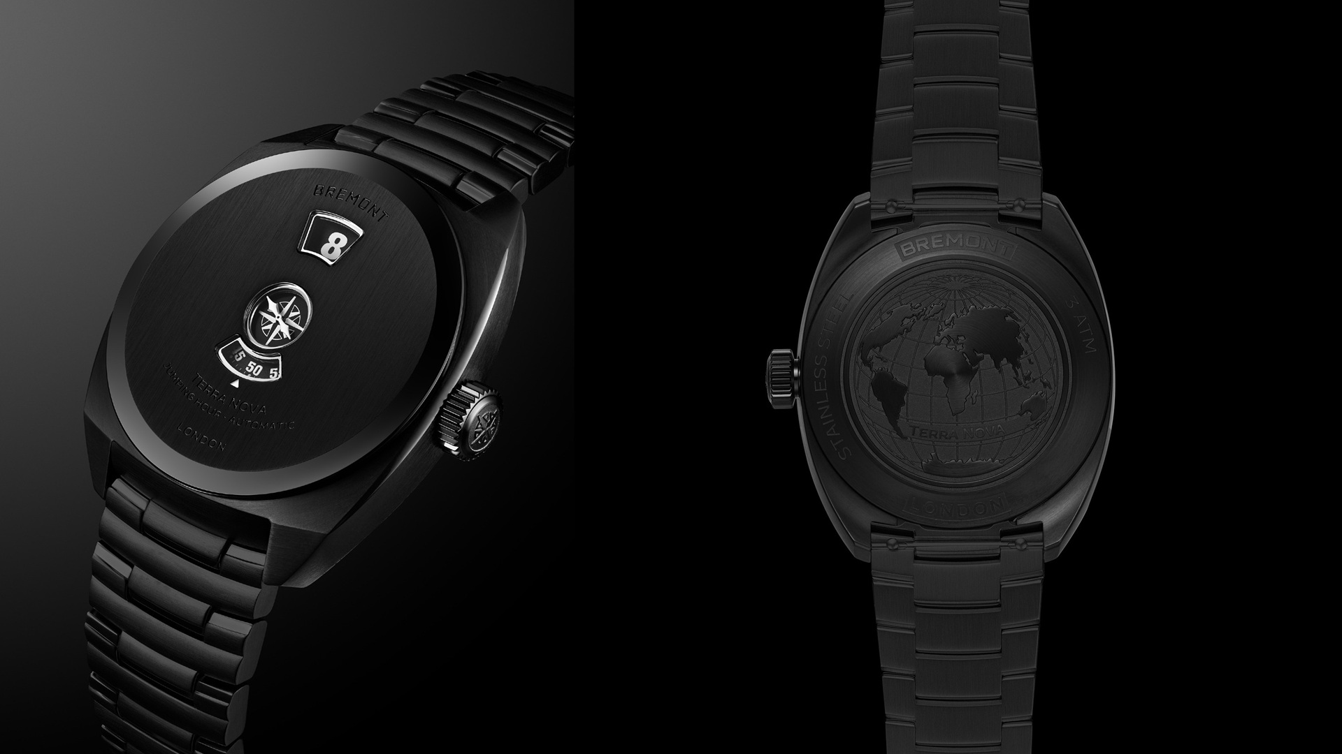 Front-side and caseback view of the Bremont Terra Nova 38 Jumping Hour Stealth Black with black DLC bracelet.