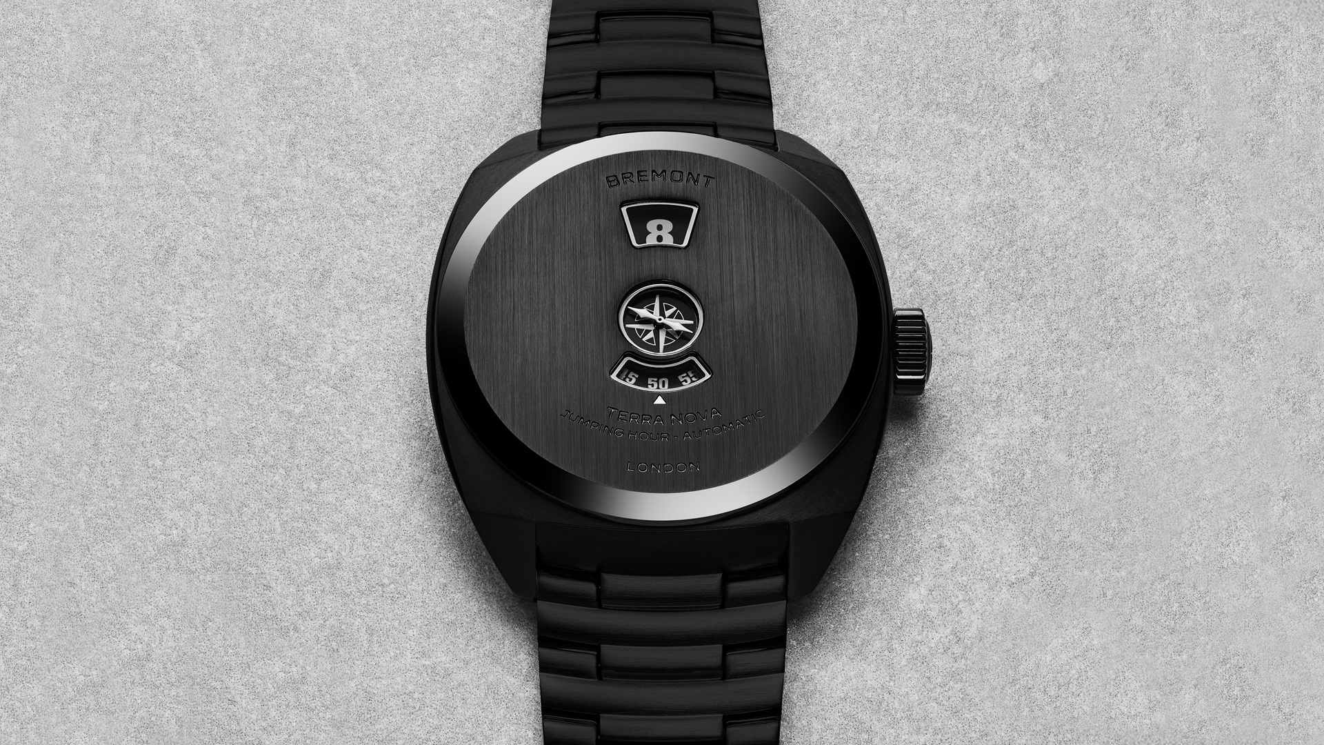Bremont Terra Nova 38 Jumping Hour Stealth Black with black DLC bracelet.