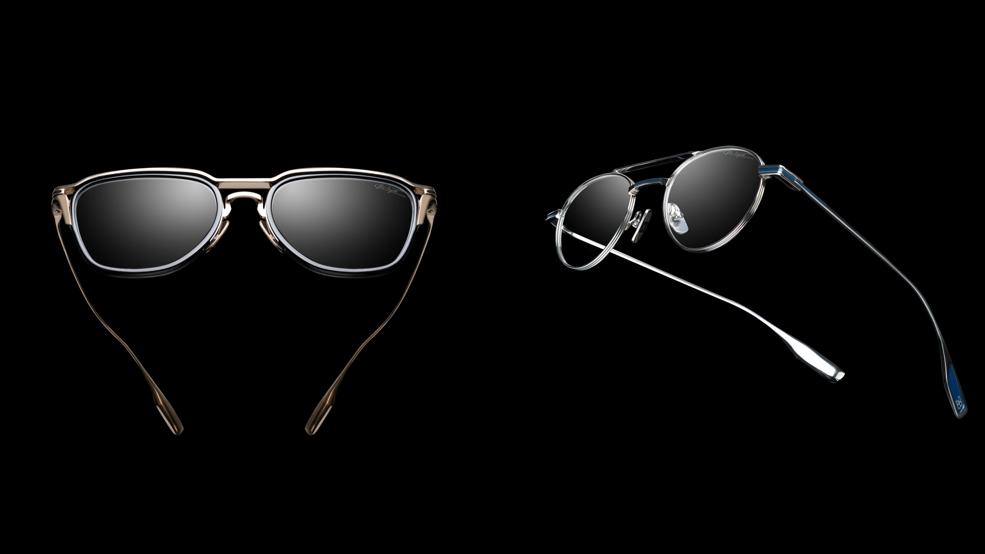 A collage of two frames from the Bugatti Eyewear Collection Four - Model 50 on the left and Model 56 on the right.