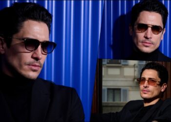 A model showcasing three of the frames, including Model 50 and Model 56