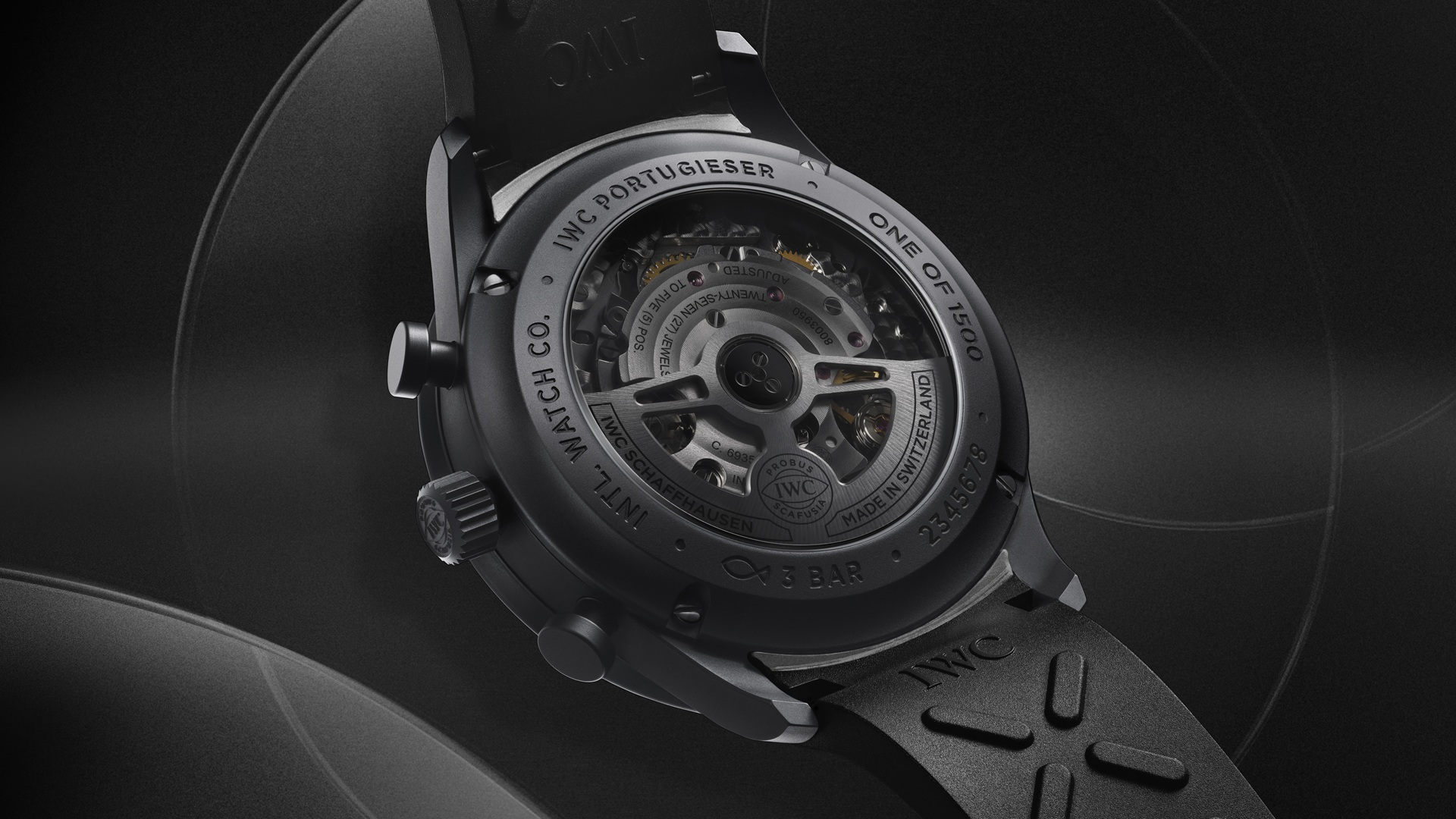 The caseback side of the IWC Schaffhausen Portugieser Chronograph Ceratanium®.