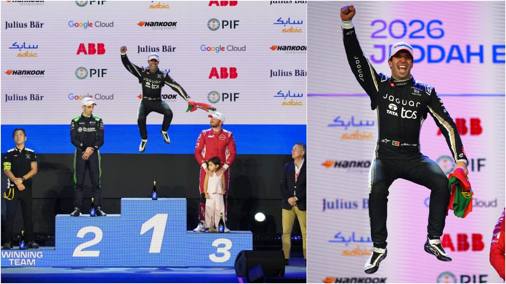 António Félix da Costa on the podium for Jaguar TCS Racing, after winning the Jeddah round of the 2026 Formula E Championship