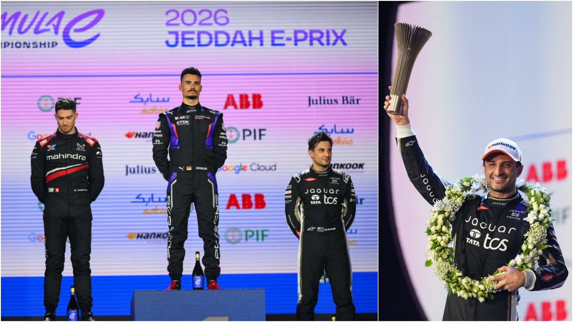 Mitch Evans taking the third spot on podium for Jaguar TCS Racing at Jeddah during the 2026 Formula E Championship