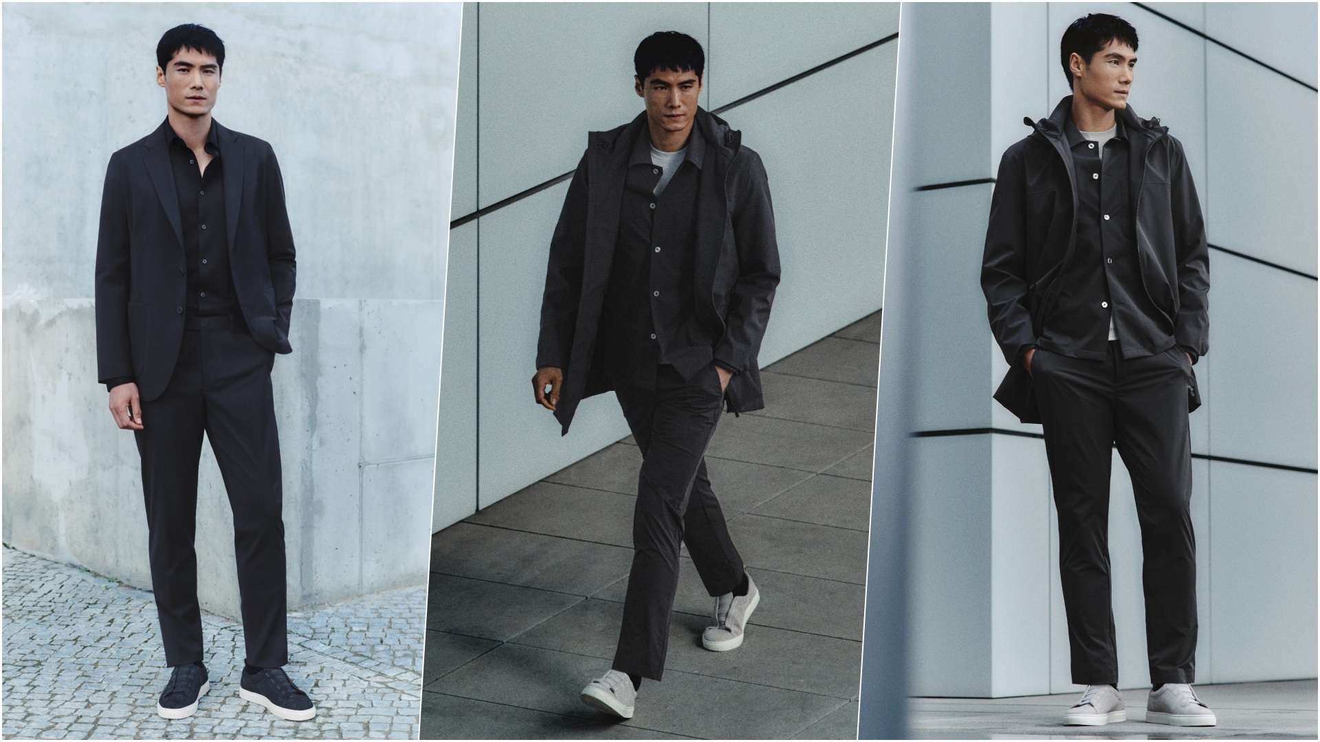 A collage of three images, with a model showcases select pieces from Mango Man's latest Performance collection in a dynamic environment