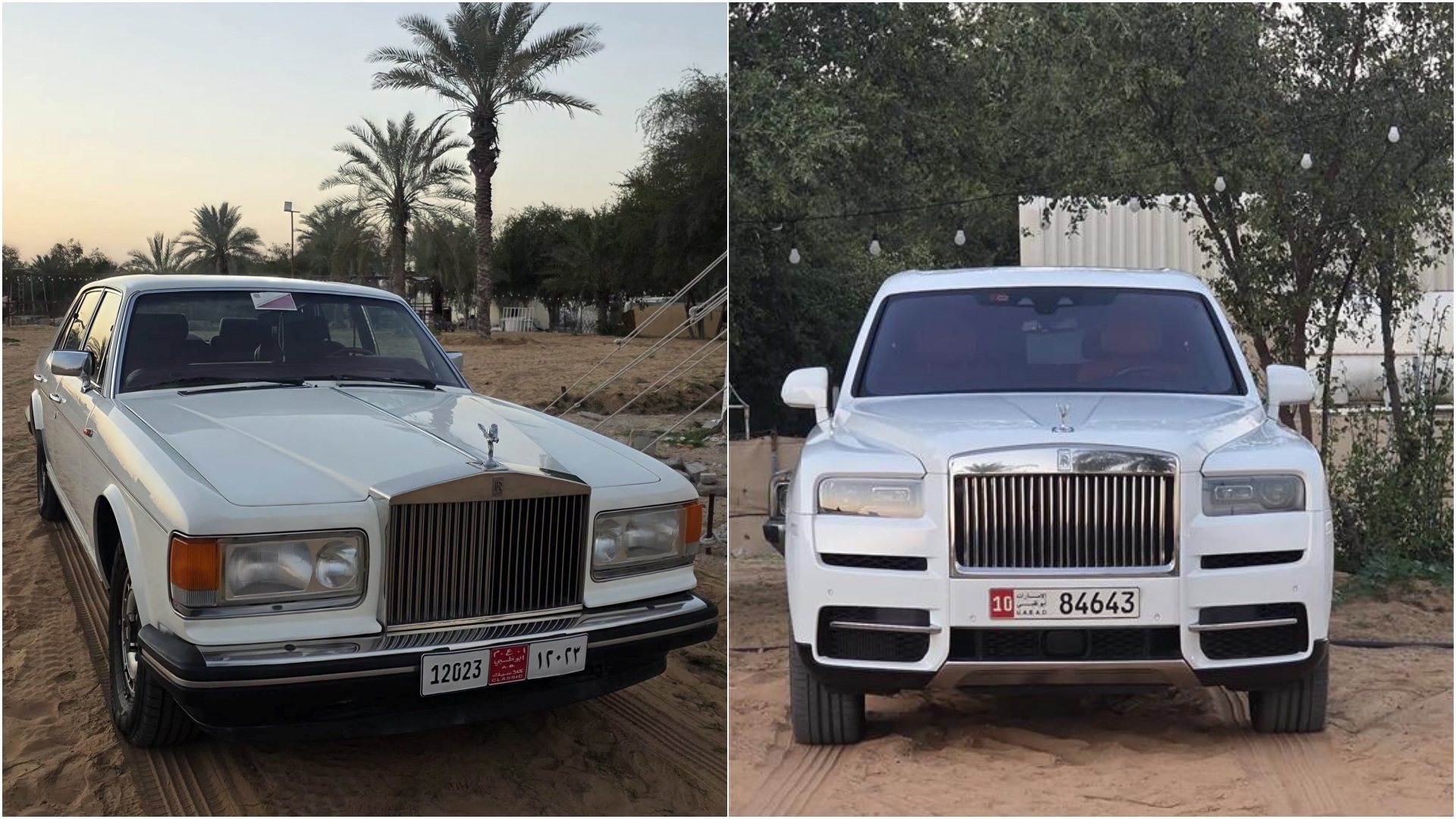 A collage of two Rolls-Royce models, comprising a white Cullinan and a white Silver Spur.