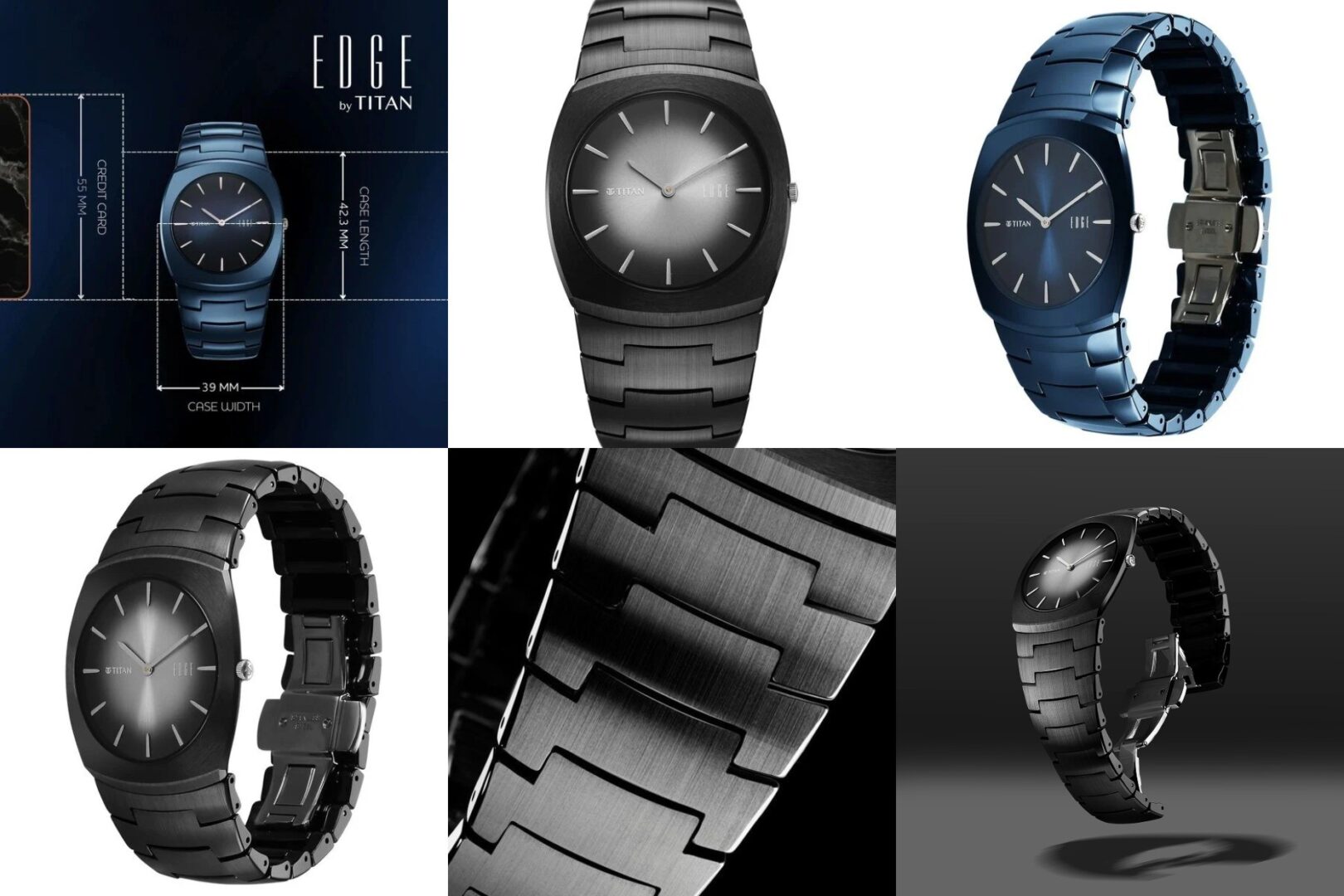 The Edge by Titan Fumage in blue and black, showcasing both models fume dials, cases, bracelets, and butterfly clasp.