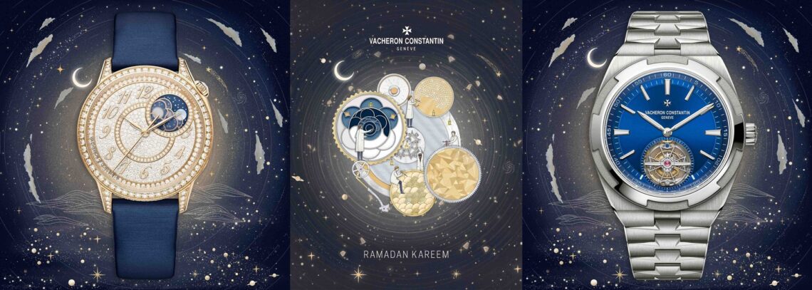Vacheron Constantin's Ramadan 2026 "Crafted Rhythms" campaign artwork (centre). On the left is the ÉGÉRIE Moon Phase. On the right is the Overseas Tourbillon,