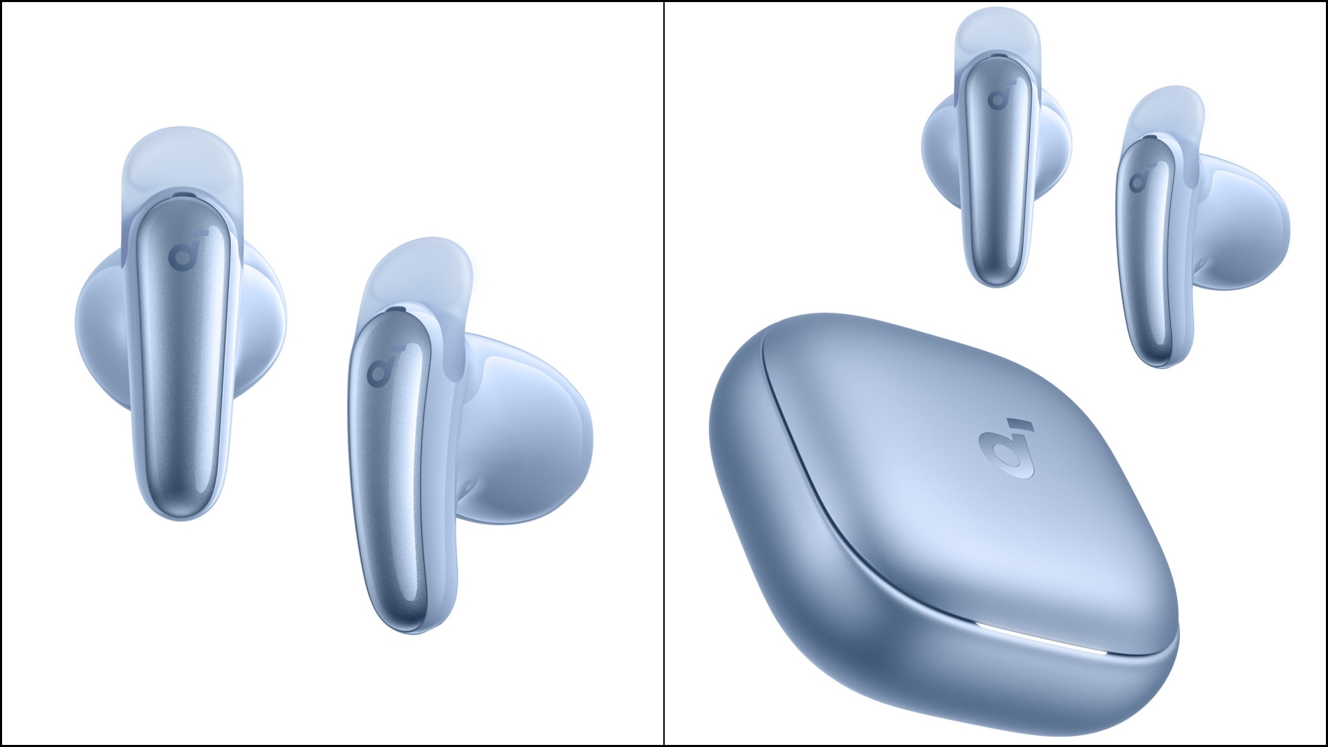 A collage of two images of soundcore Liberty Buds in blue.