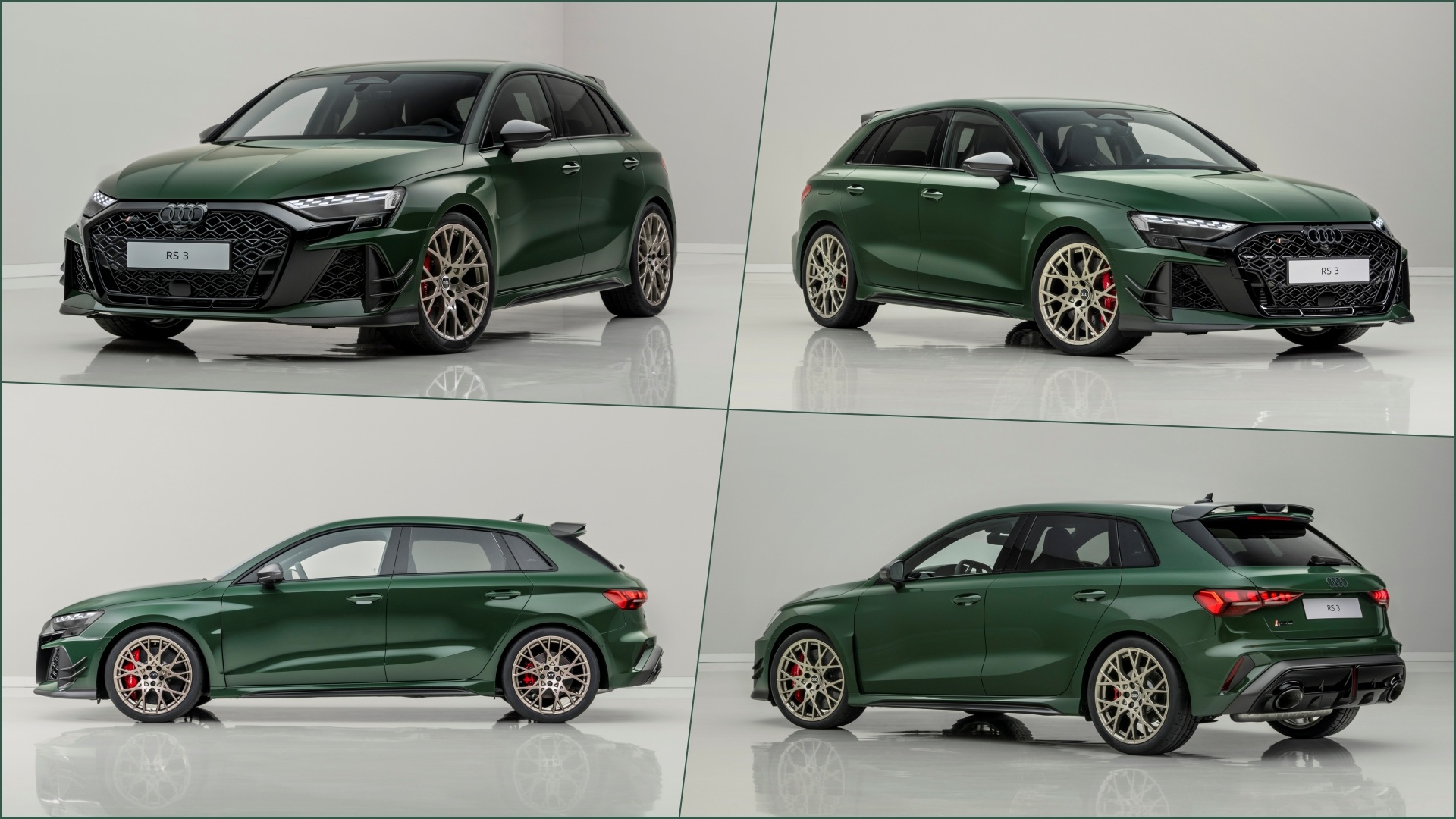 A collage of four images, all comprising a Malachite green Audi RS 3 Sportback competition limited