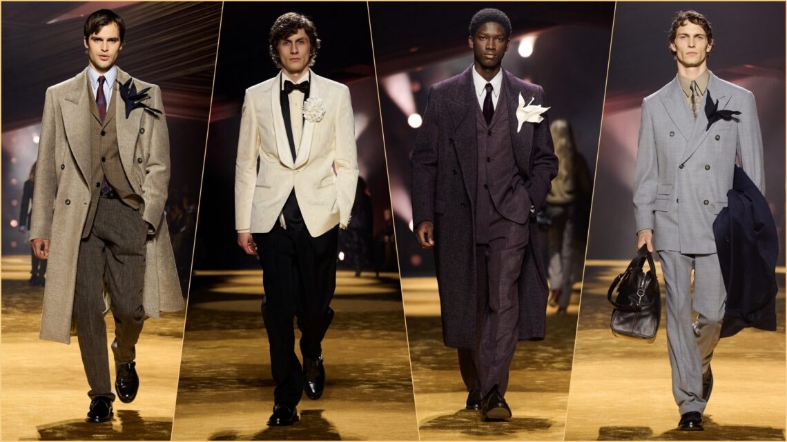 A collage of four images, all with models walking down the ramp, wearing select pieces from the BOSS Fall-Winter 26 Collection for men.