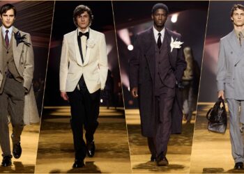 A collage of four images, all with models walking down the ramp, wearing select pieces from the BOSS Fall-Winter 26 Collection for men.