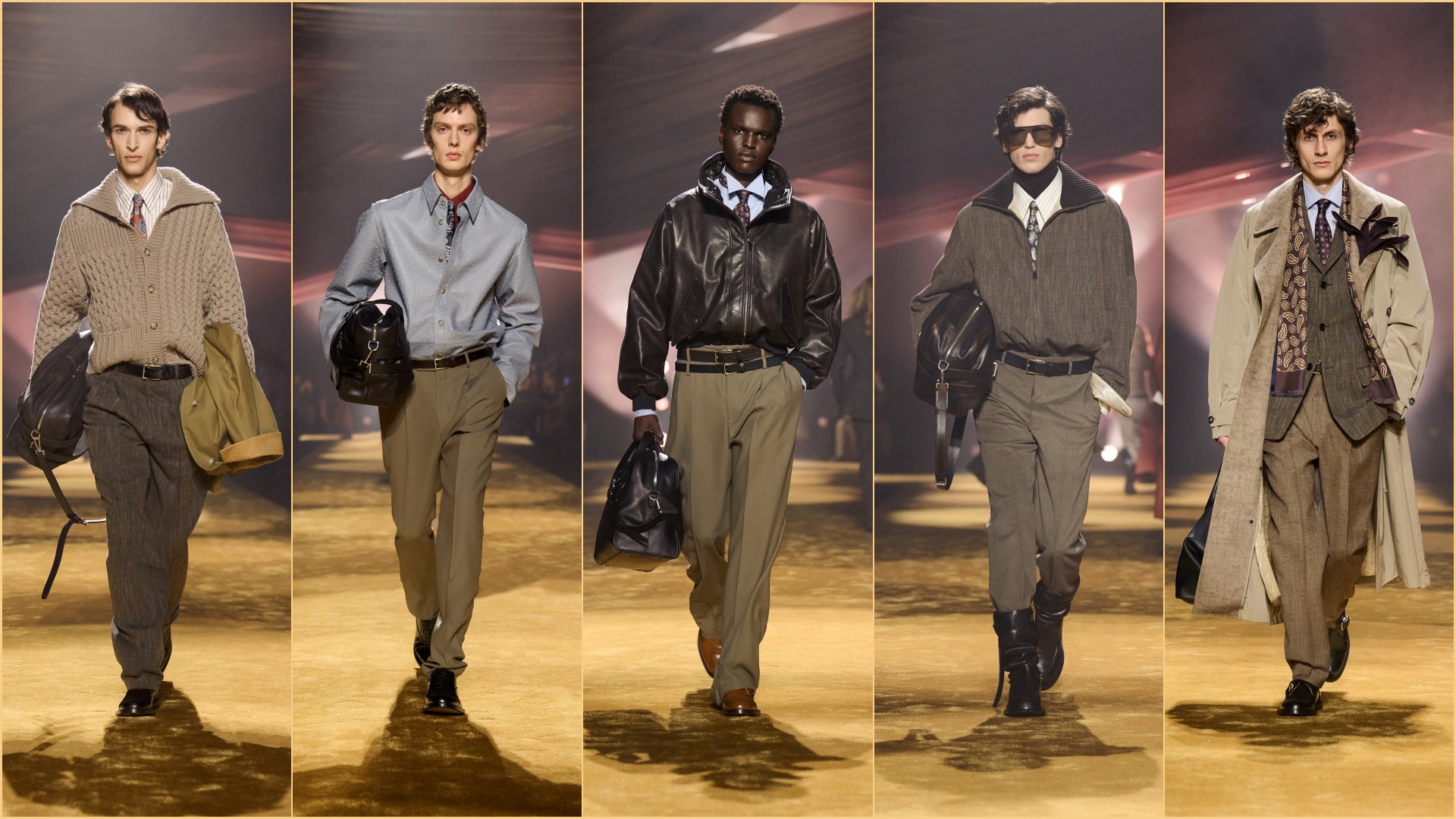 A collage of five images, all with models walking down the ramp, wearing select pieces from the BOSS Fall-Winter 26 Collection for men.