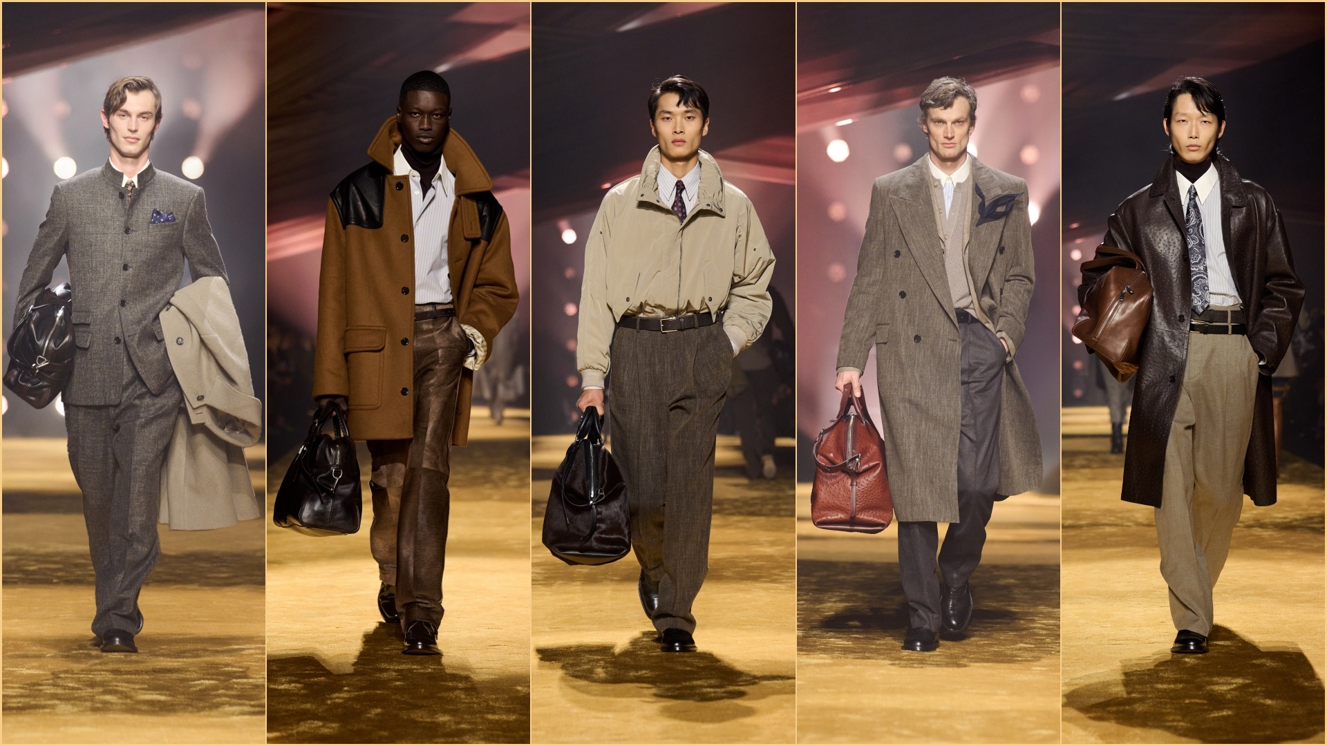 A collage of five images, all with models walking down the ramp, wearing select pieces from the BOSS Fall-Winter 26 Collection for men.