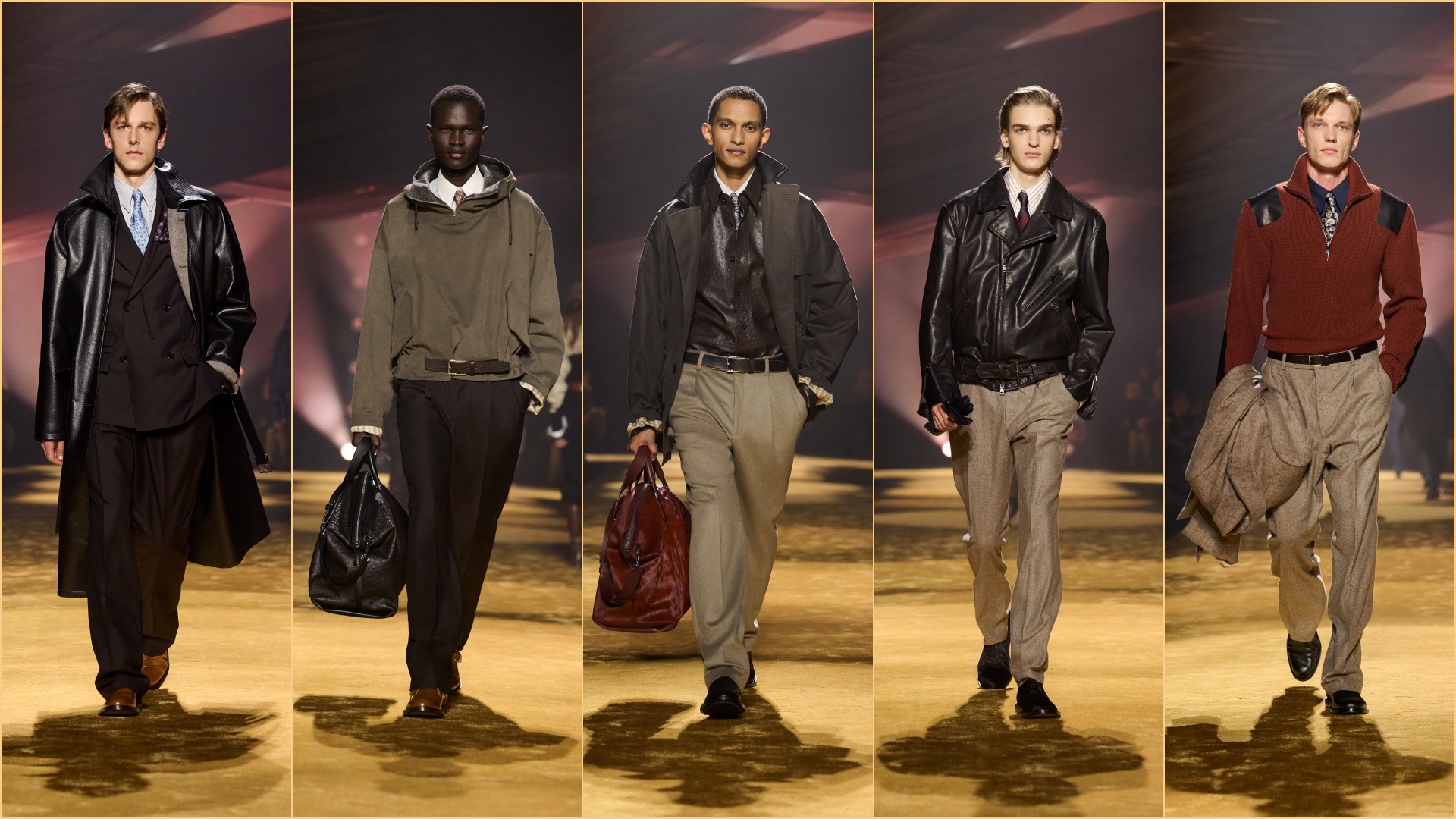A collage of five images, all with models walking down the ramp, wearing select pieces from the BOSS Fall-Winter 26 Collection for men.