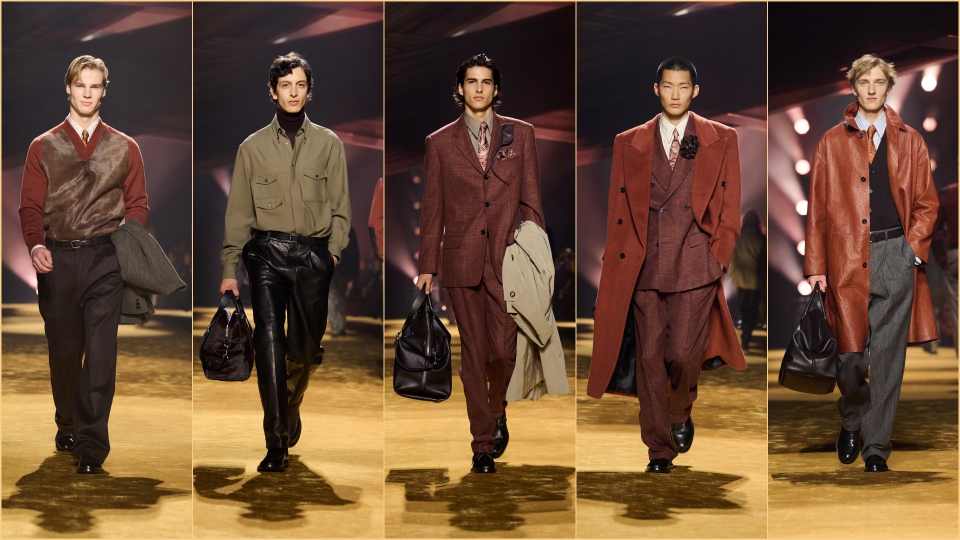 A collage of five images, all with models walking down the ramp, wearing select pieces from the BOSS Fall-Winter 26 Collection for men.