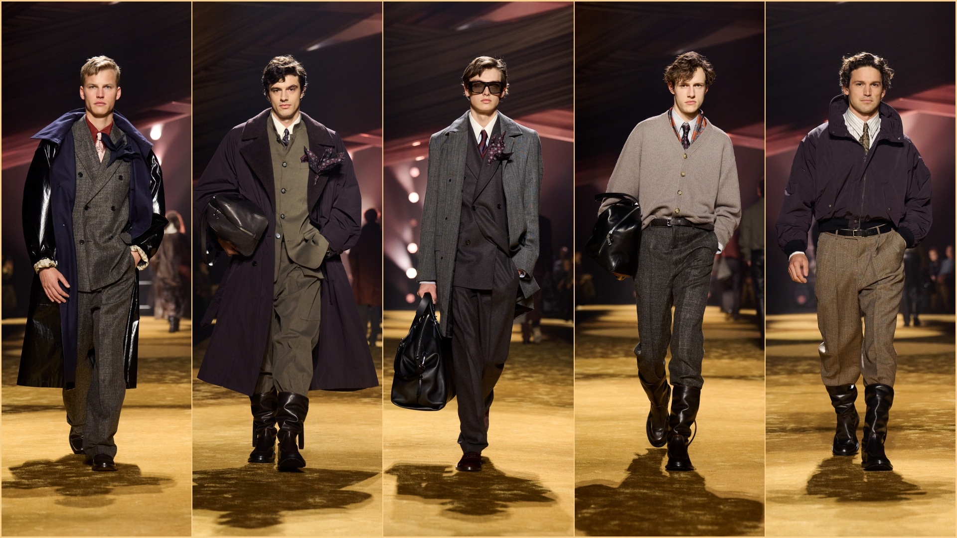 A collage of five images, all with models walking down the ramp, wearing select pieces from the BOSS Fall-Winter 26 Collection for men.