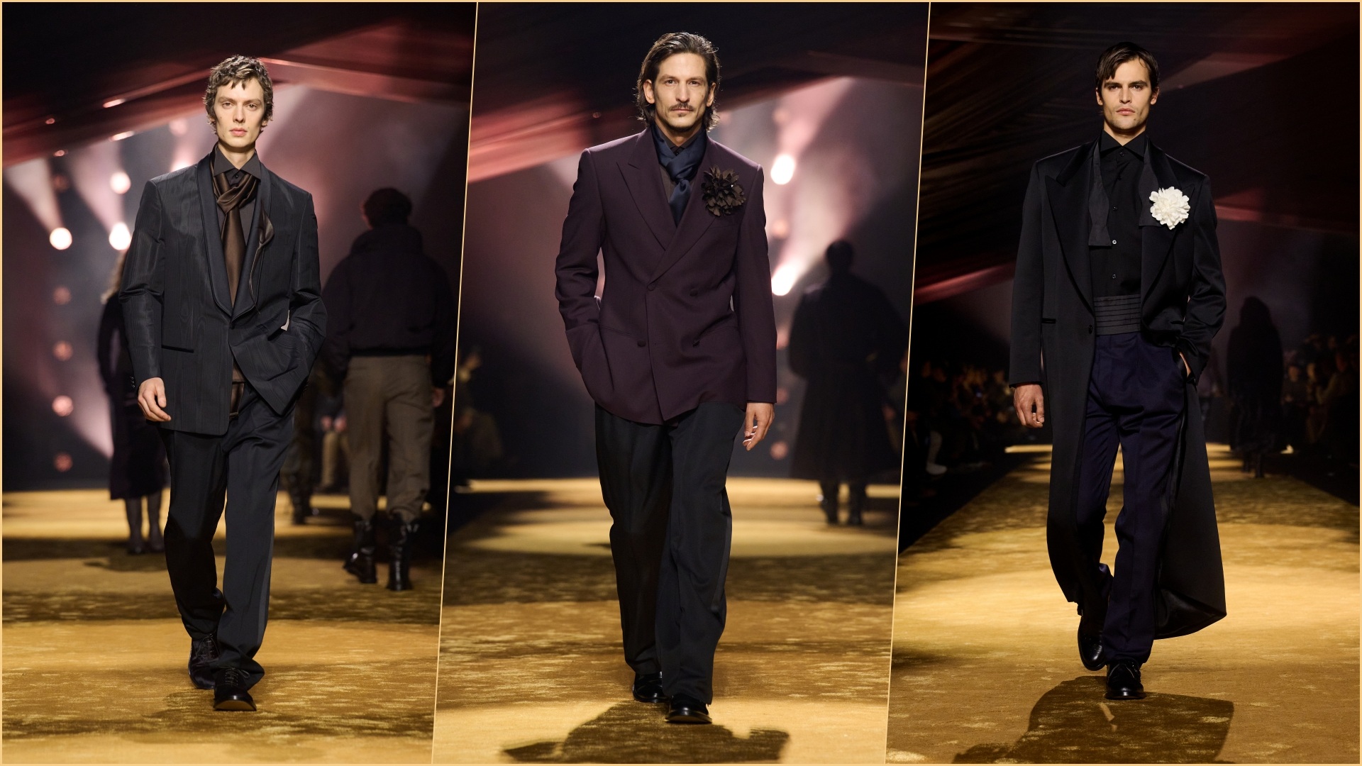A collage of three images, all with models walking down the ramp, wearing select pieces from the BOSS Fall-Winter 26 Collection for men.