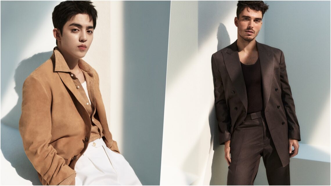 A collage of two images, featuring British actor Corey Mylchreest and K-pop superstar S.COUPS, both wearing select pieces from the BOSS Spring Summer 2026 Edit