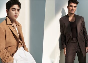 A collage of two images, featuring British actor Corey Mylchreest and K-pop superstar S.COUPS, both wearing select pieces from the BOSS Spring Summer 2026 Edit