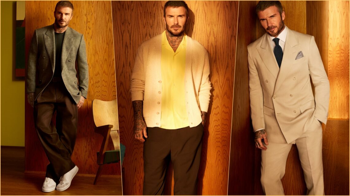 A collage of three images, with David Beckham wearing select pieces from the BOSS BY Beckham 2026 Collection
