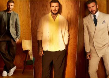 A collage of three images, with David Beckham wearing select pieces from the BOSS BY Beckham 2026 Collection