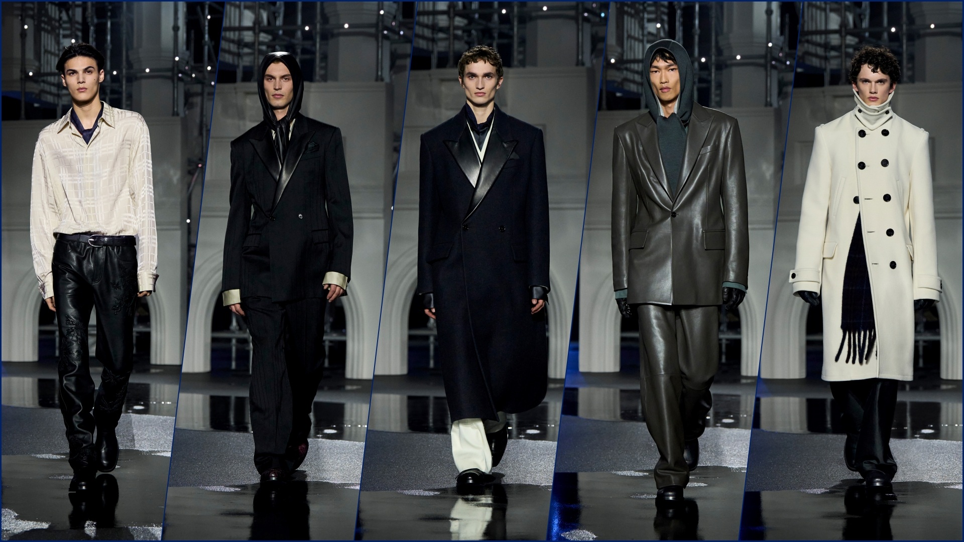 A collage of five images, where models are walking down the ramp, showcasing select attire from the Burberry Winter 2026 range