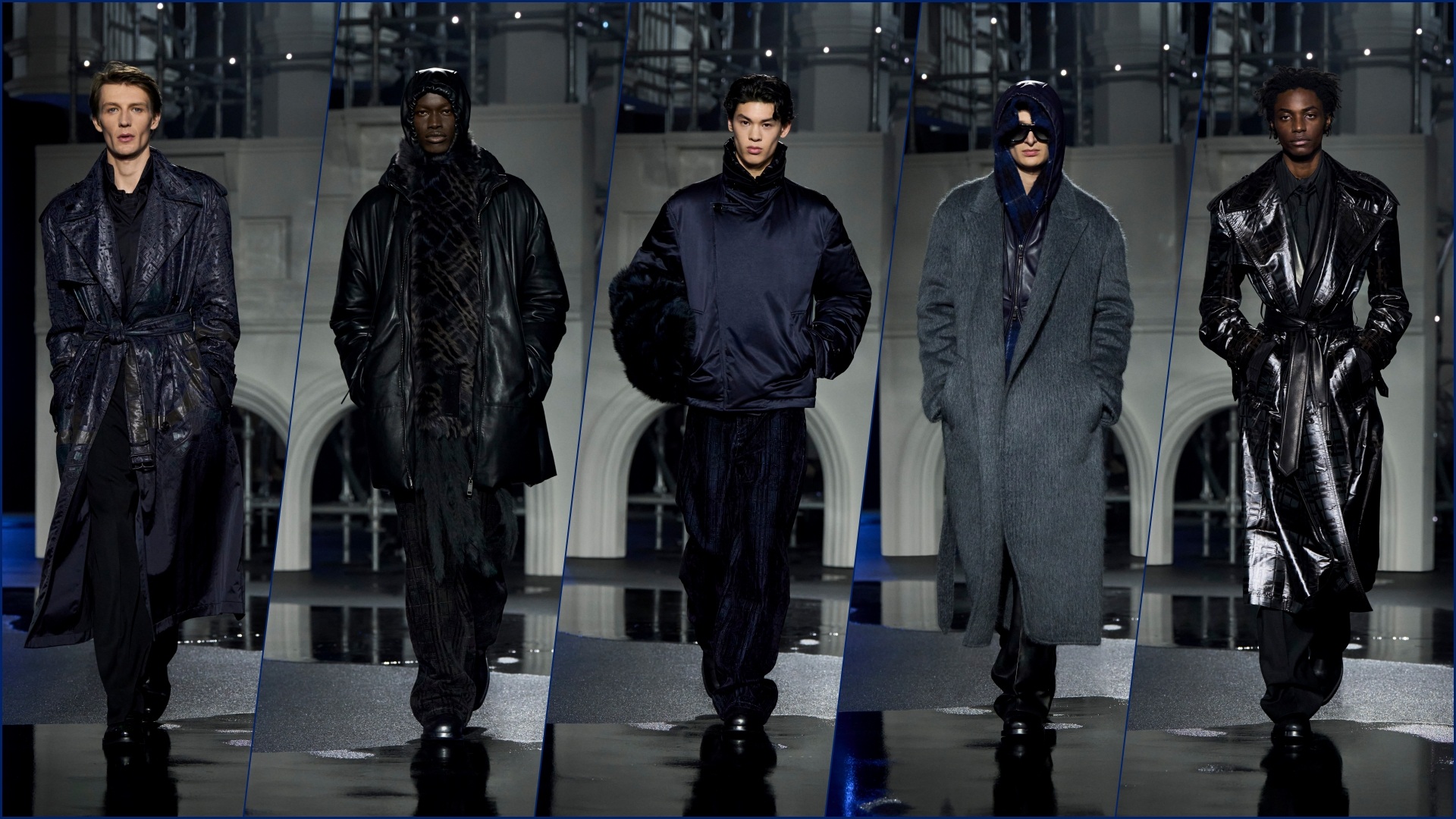 A collage of five images, where models are walking down the ramp, showcasing select attire from the Burberry Winter 2026 range