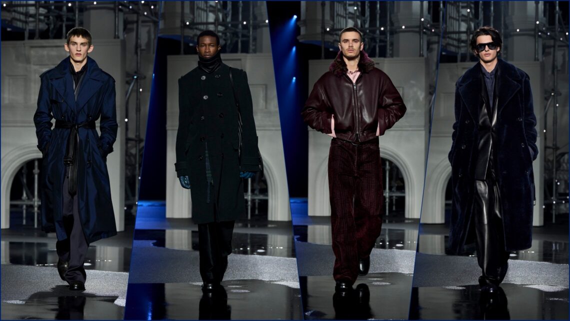 A collage of four images, where models are walking down the ramp, showcasing select attire from the Burberry Winter 2026 range