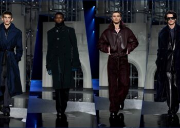 A collage of four images, where models are walking down the ramp, showcasing select attire from the Burberry Winter 2026 range